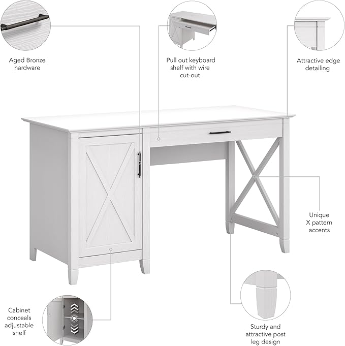 Bush Furniture Key West Computer Desk with Storage Farmhouse PC Table for Home Office in Pure White Oak 54W x 24D