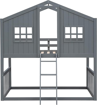 Ball & Cast Twin Over Twin Size House Bunk with Ladder and Window,Wood Bunkbed w/Full-Length Guard Rail & Ladder,Slat Support,Space Saving,Bedroom Furniture for Student Dorms,Gray