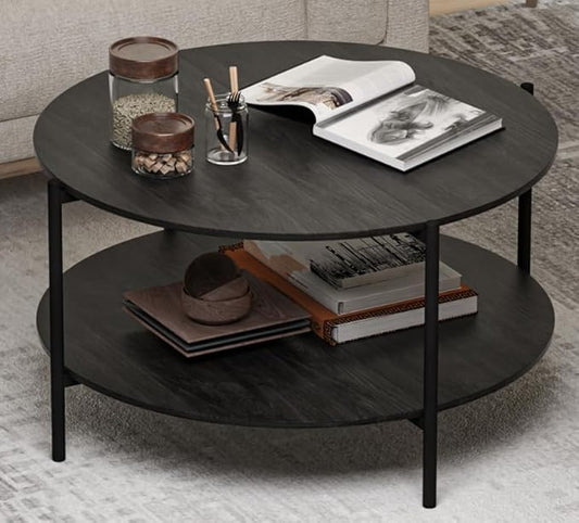 Round Coffee Table, 2-Tier 32.9" Circle Coffee Tables with Storage Wood Rustic Farmhouse Center Circular Coffee Table for Living Room Bedroom Balcony Office - Black