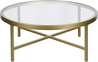 Henn&Hart 36" Wide Round Coffee Table with Glass Top in Brass, Modern coffee tables for living room, studio apartment essentials