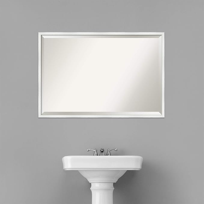 Amanti Art White Bathroom Mirror for Over Sink, 25x37 Breeze Distressed White Rectangle Vanity Mirror, Large Country Rustic Wood Frame, Hangs Horizonally and Vertically, Bathroom Wall Decor, Beveled