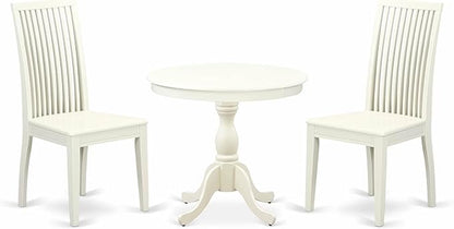 East West Furniture AMIP3-LWH-W 3 Piece Dining Room Table Set Contains a Round Kitchen Table with Pedestal and 2 Dining Chairs, 36x36 Inch, Linen White