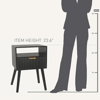Black Nightstand, Modern Bedside Table with Fluted Drawers, Small Night Stand with Storage and Solid Wood Legs for Bedroom, Dorm and Small Space (Black)