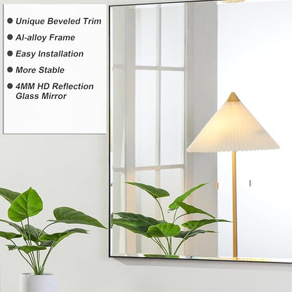 24x32 Inch Black Mirror with Beveled Trim, Aluminum Frame Bathroom Vanity Mirror, Modern Rectangular Wall Mounted Mirror
