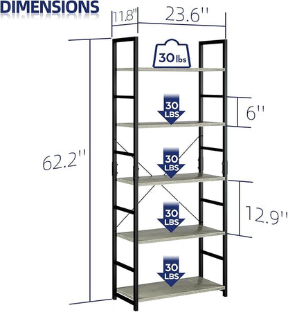 NUMENN 5 Tier Bookshelf, Tall Bookcase Shelf Storage Organizer, Modern Book Shelf for Bedroom, Living Room and Home Office, Grey