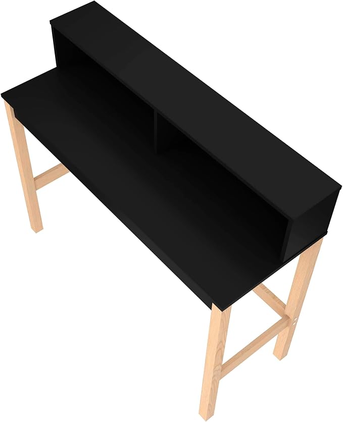 Manhattan Comfort Bowery 47 Inch Mid Century Modern Home Office Desk, Study Table or Entryway Furniture with 2 Cubbies and Rustic Wood Base, 24 inch, Black/Oak