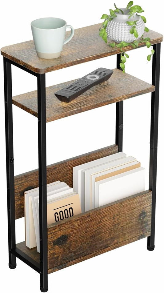 7.1" Narrow Side Table for Small Spaces, 3 Tier Small End Table with Magazine Holder, Slim/Skinny Nightstand/Bedside Table for Living Room, Bedroom, 15.4" L x 24.2" H