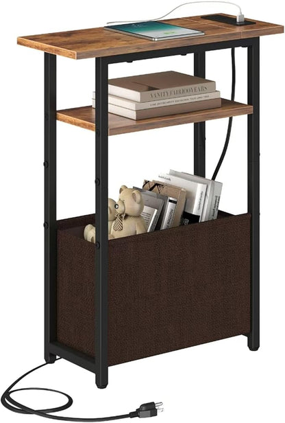 Narrow Side Table with Charging Station, Small End Table for Small Spaces, Skinny Nightstands with Storage Basket, 3 Tier Sofa Couch Bedside Tables for Living Room,Bedroom, Rustic Brown