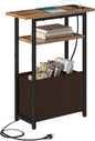 Narrow Side Table with Charging Station, Small End Table for Small Spaces, Skinny Nightstands with Storage Basket, 3 Tier Sofa Couch Bedside Tables for Living Room,Bedroom, Rustic Brown
