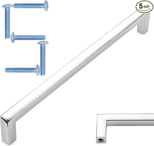 KOOFIZO Solid Square Bar Cabinet Handle - Chrome Furniture Pull, 7.6 Inch/192mm Screwhole Distance, Pack of 5 for Kitchen Cupboard Door, Bedroom Dresser Drawer, Bathroom Wardrobe Hardware