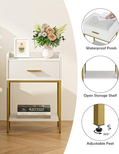 Nightstand,3-Tier Modern Night Stand,Bedside Table with Storage Drawer and Shelf,Small Side Table for Bedroom,Living Room,White