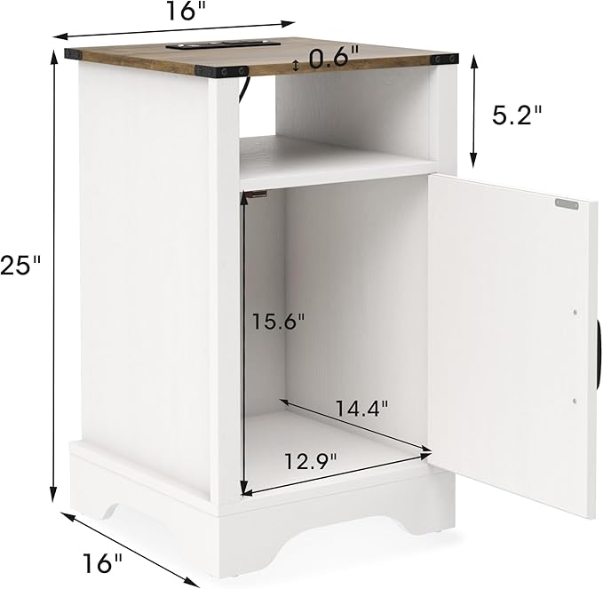 RoyalCraft Nightstand Set of 2, White End Table with Charging Station, Tall Farmhouse Bedside Table with Large Storage and Shelf, Wooden Side Table with for Bedroom, Home Office, White and Rustic Oak