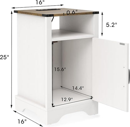RoyalCraft Nightstand Set of 2, White End Table with Charging Station, Tall Farmhouse Bedside Table with Large Storage and Shelf, Wooden Side Table with for Bedroom, Home Office, White and Rustic Oak