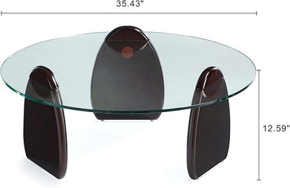 Manhattan Comfort Artesia 2 Piece Set, Round End and Coffee Tables with with Sleek Tempered Glass Top and Solid Wood Base, Living Room Accent Furniture for Modern Homes, Full Collection, Dark Walnut
