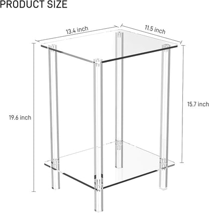 Eglaf Acrylic Small Side Table with Square Leg - 13.4'' L x 11.5'' W x 19.6'' H - Small Nightstand Bedside Table 2-Tier Clear End Table for Living Room, Bedroom