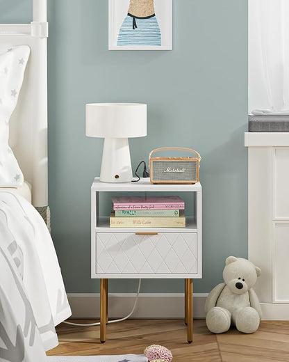 Nightstand,Morden Bedside Table with Gold Frame,Small White Night Stand,End Table,Bedside Furniture,Side Table with Drawer and Shelf for Bedroom,Living Room (1Drawer, White-Outlet-pane)