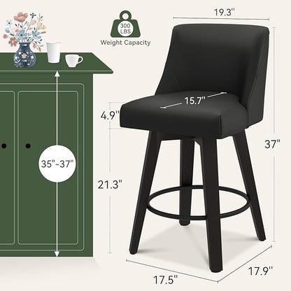 Vipbear Swivel Counter Height Bar Stools Set of 2,26.8" H Counter Stools with Back, Mid Century Modern Bar Stools for Kitchen Island,Faux Leather,Wooden Base, Black