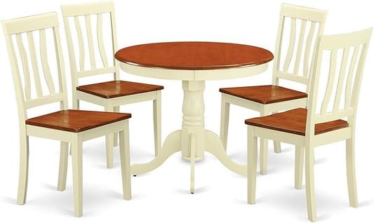 East West Furniture ANTI5-WHI-W 5 Piece Modern Dining Table Set Includes a Round Kitchen Table with Pedestal and 4 Dining Chairs, 36x36 Inch, Buttermilk & Cherry