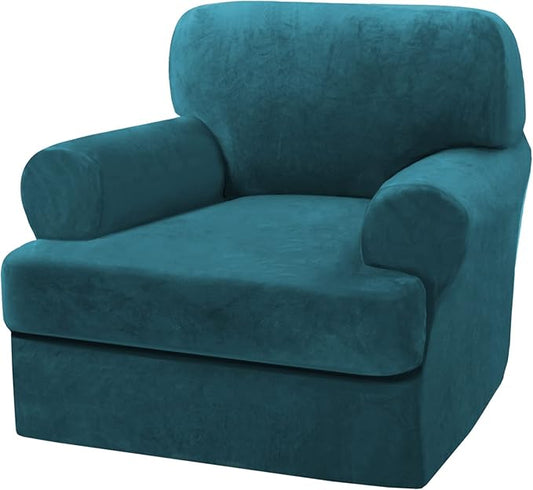 H.VERSAILTEX Sofa Cover 2 Piece T Cushion Armchair Slipcovers Velvet Couch Cover Furniture Protector Stretch T Cushion Sofa Covers for 1 Cushion Couch with 1 Individual T Cushion Covers, Deep Teal