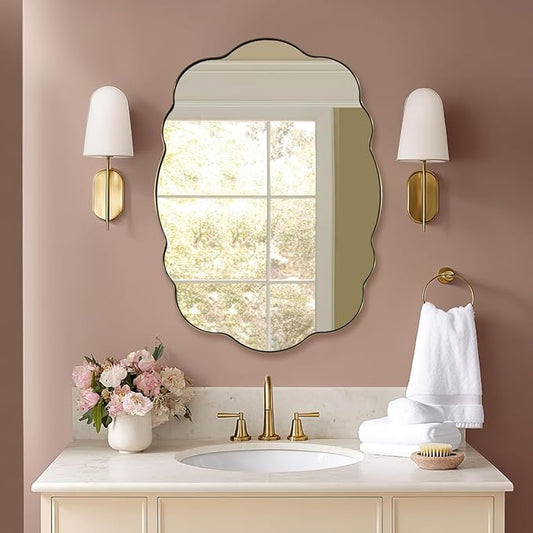 ANDY STAR Brushed Gold Scalloped Mirror - 22x30 Inch Bathroom Mirror, Vintage Oval Vanity Mirror, Rust-Proof Anti Rust Stainless Steel Wall Mount Horizontal or Vertical