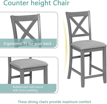 KEIKI 5-Piece Counter Height Dining Table Set with Square Table and 4 Upholstered X-Shaped Backrset Chair, for 4 Person, Modern Style Wooden Table Set, Easy Assembly, for Kitchen, Dining Room, Gray