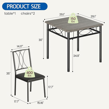 GarveeHome Small Dining Table Set for 2, Square Table and Chairs Set of 2, 3 Piece Kitchen Table Set of 2 with Upholstered Chairs, Dinner Table Set for 2 for Small Spaces, Apartment, Rustic Gray