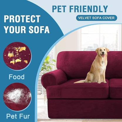 H.VERSAILTEX Sofa Cover 4 Piece T Cushion Sofa Slipcovers Thick Velvet Couch Cover Furniture Protector Stretch T Cushion Sofa Covers for 3 Cushion Couch with 3 Individual T Cushion Covers, Burgundy