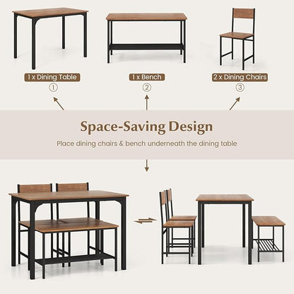 Tangkula Dining Table Set for 4, Kitchen Table and 2 Chairs for 4 with Bench, 4 Piece Dining Table Set for Small Space, Apartment