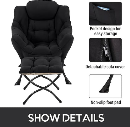 LITA Lazy Chair With Ottoman, Modern Accent Leisure Upholstered Sofa, Contemporary Lounge Reading With Armrests and Side Pocket for Living Room, Bedroom & Small Space, Black