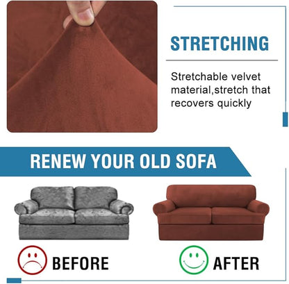 H.VERSAILTEX Sofa Cover 3 Piece T Cushion Sofa Slipcovers Thick Velvet Couch Cover Stretch T Cushion Sofa Covers for 2 Cushion Couch with 2 Individual T Cushion Covers Washable, Rust