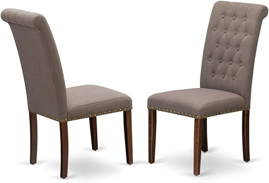 East West Furniture BRP3T18 Bremond Parson Kitchen Chairs - Button Tufted Nailhead Trim Brown Linen Linen Fabric Padded Dining Chairs, Set of 2, Mahogany