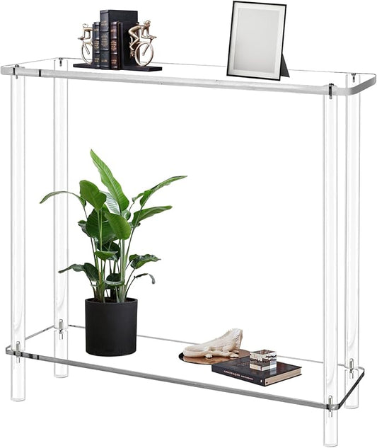 Acrylic Narrow Console Table for Entryway 7.6" D x 39.4" W x 31.5" H Clear Modern Skinny Bookshelf Slim Entry Table Waterfall Desk Furniture for Sofa Foyer Hallway Living Room Dining Room