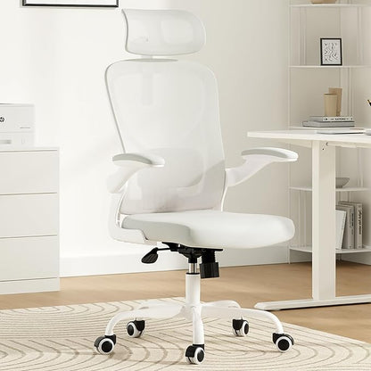 Ergonomic Office Chair, Comfy Home Office Chair High Back Computer Chair with Headrest, Adjustable Back Support, Flip-Up Arms, 90-120° Tilt and Wide Cushion, Up to 300lbs,White