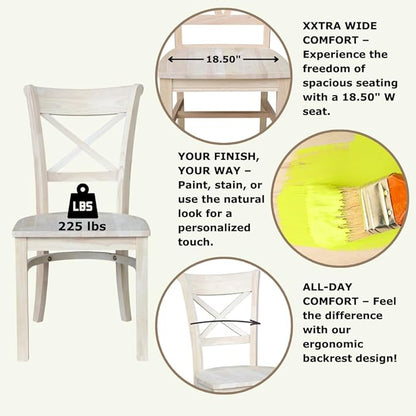 IC International Concepts Set of 2 35.8" H Charlotte X-Back Dining Solid Parawood, Stylish and Comfortable Chairs, 18.5''W Seat, Paint or Stain in Any Color to Match Your Decor, Unfinished