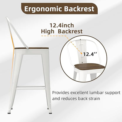 24” Swivel Bar Stools Set of 4, Counter Height Bar Stools Wooden Seat, Metal Industrial Bar Chairs with High Back for Kitchen Island (White)