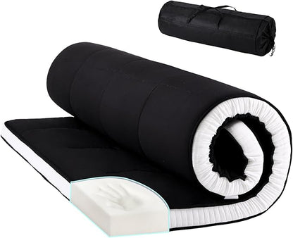 Tiita Queen Memory Foam Mattress Topper, 4" Thicken Futon Floor Mattress with Storage Bag and 2 Straps, Portable Roll Up Travel Car Camping Mattress Sleeping Pad, Black