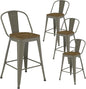 Metal Bar Stools Set of 4, High Back Bar Stools with Wooden Seat, 26 inch Rusty Barstools for Kitchen Island