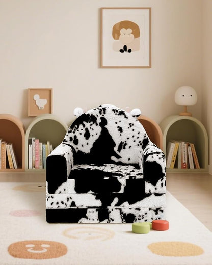 2-in-1 Toddler Chair and Couch – Soft Faux Rabbit Fur, Cow Pattern Design, Fold Out Seat for Reading & Nap, Ages 1–3
