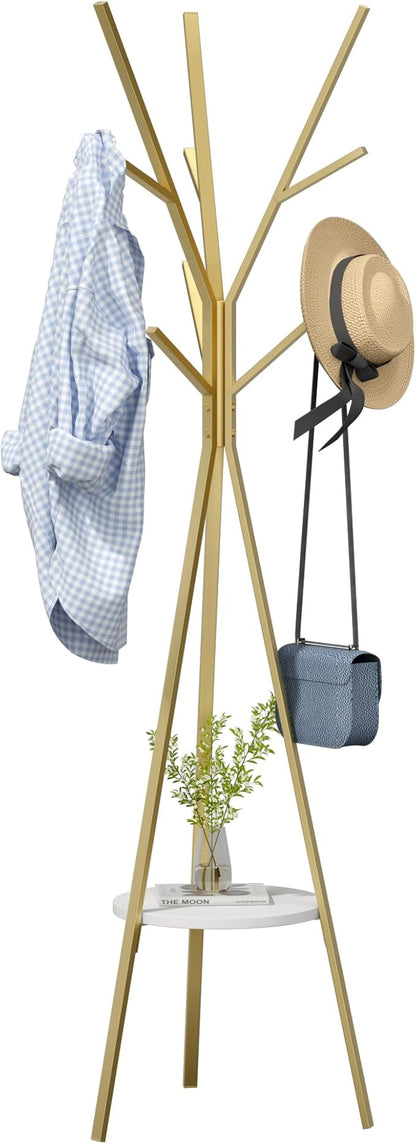 Coat Rack Hat Stand Free Standing Display Hall Tree Metal Hat Hanger Garment Storage Holder with 9 Hooks for Clothes Hats and Scarves in Gold,17.72"Wx17.72"Dx70.87"