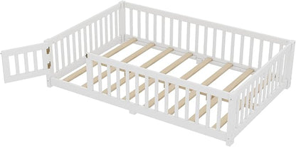 Bellemave Full Floor Bed with Slats and Safety Guardrails, Kids Montessori Floor Beds with Fence and Door, Easy Assemble Floor Bed for Kids, Girls, Boys, White