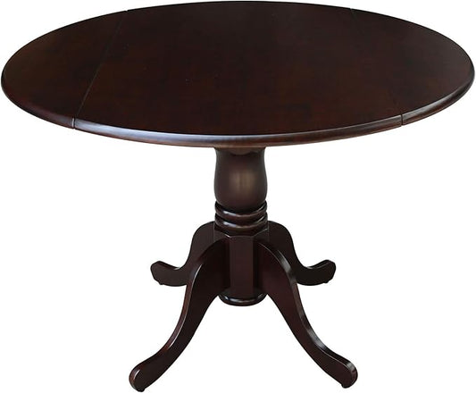 IC International Concepts, 42" Round Dual Drop Leaf Pedestal Dining Table, Solid Real Wood, Sturdy Parawood, Rich Mocha