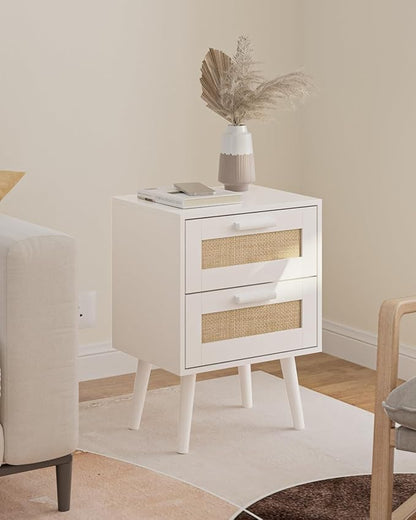 Masupu Rattan Night Stand, Modern nightstand Boho Bedside Table with 2 Drawer, Small End Side Table for Bedroom,Living Room,Office,White