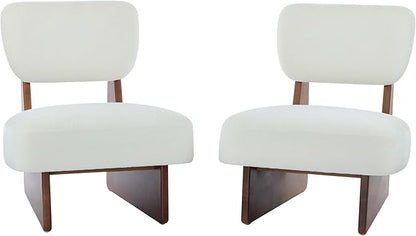 Christopher Knight Home Mores Low Profile Accent Chair Set of 2, Modern Living Room Armless Lounge Chair, Fabric Comfy Reading Chair for Bedroom, Wooden Frame and Thick Padded Seat, White+Walnut