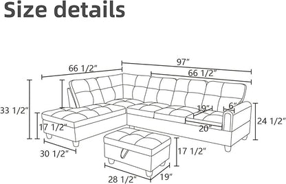 L Shaped Sectional Couches for Living Room, Modern Modular Sectional Sofa with Ottoman Storage, Comfy L Shaped Couch with Chaise for Bedroom Apartment Furniture, Coffee
