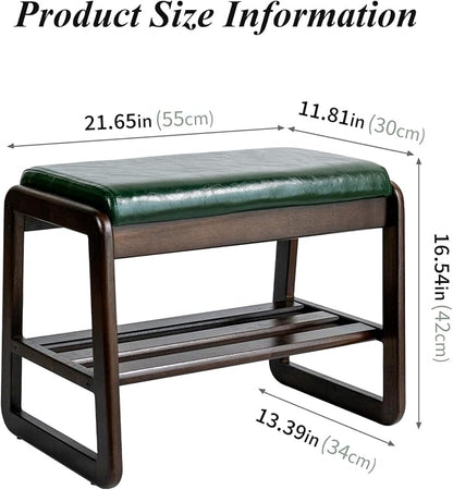 Shoe Bench, Entryway Bench with Leather Cushion, Solid Wood Shoe Rack, Mid Century Modern Bench, Shoe Storage, Shoe Organizer for Entryway (Grey, 21.7" W)