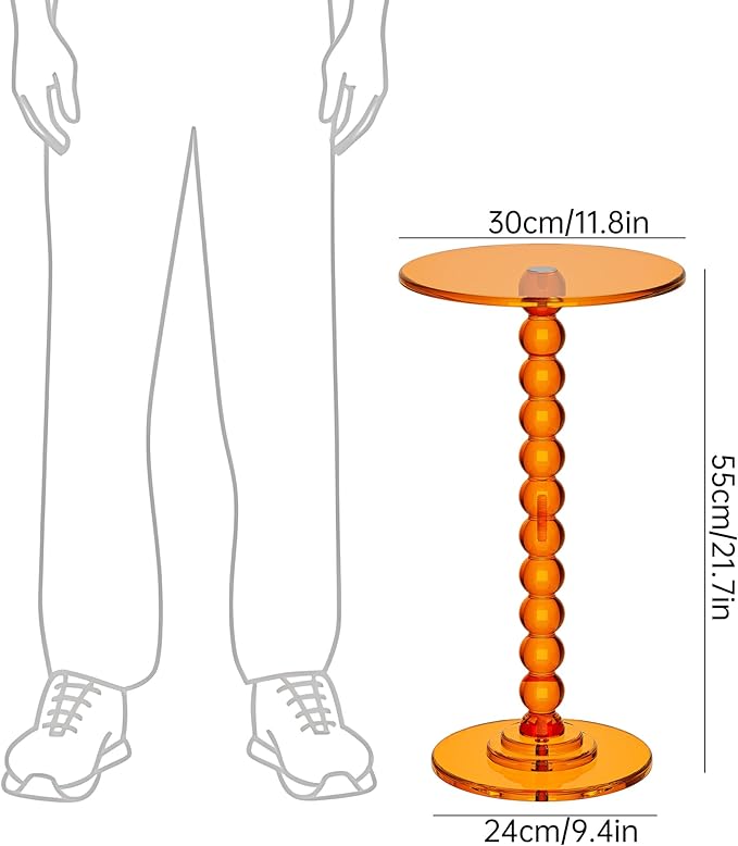 Acrylic Side Table, End Table Round Top with Solid Post for Living Room, Bedroom, Balcony, Easy Assembly (Clear) (Pedestal, Orange)