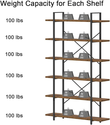 HSH 6 Shelf Tall Bookcase, Industrial Modern Large 6 Tier Bookshelf, Open Wood and Metal Display & Storage Rack,Farmhouse Bookcases and Book Shelves 6 Shelf for Bedroom Living Room Office,Rustic Brown