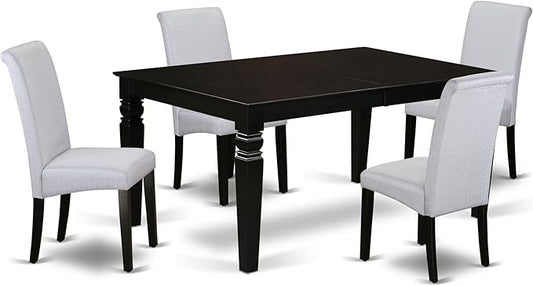 East West Furniture LGBA5-BLK-05 5 Piece Dinette Set Includes a Rectangle Dining Table with Butterfly Leaf and 4 Grey Linen Fabric Parson Dining Room Chairs, 42x84 Inch, Black
