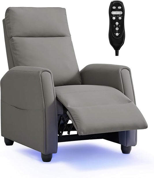 Recliner Chair for Adults PU Leather Push Back Armchair with 4 Colors Ambient Lighting Home Theater Seating with Massage & Heat Vibration Single Sofa for Living Room,Gray