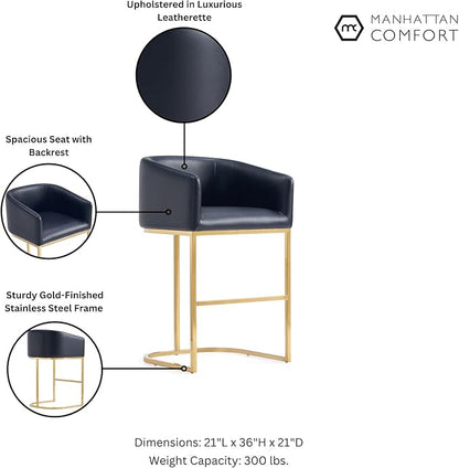 Manhattan Comfort Louvre 26 Inch Mid Century Modern Counter Height Bar Stools - Elegant Faux Leather Padded Seat, Stainless Steel Base with Footrest, Fully Assembled Barstools, Set of 3, Black & Gold